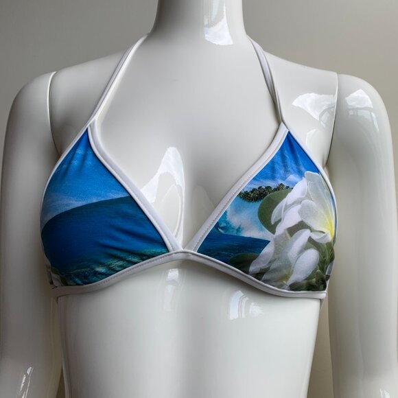 Aaron Chang blue reversible plumeria bikini triangle top tie side - Picture 3 of 12
